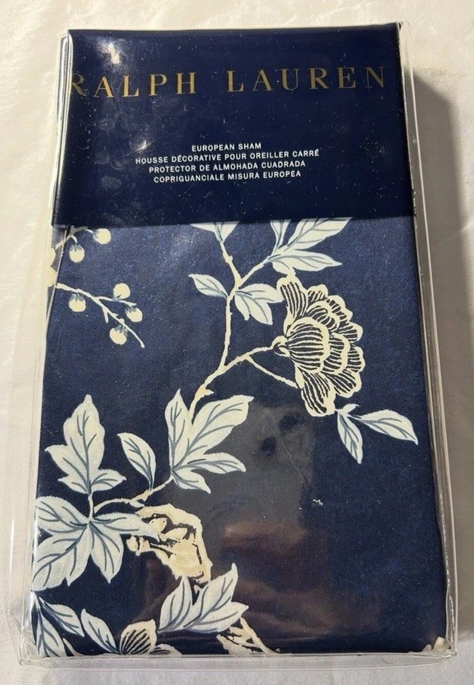 Ralph Lauren Deville Blossom Euro Sham 26x26 Navy Floral Cotton Pillow Cover New